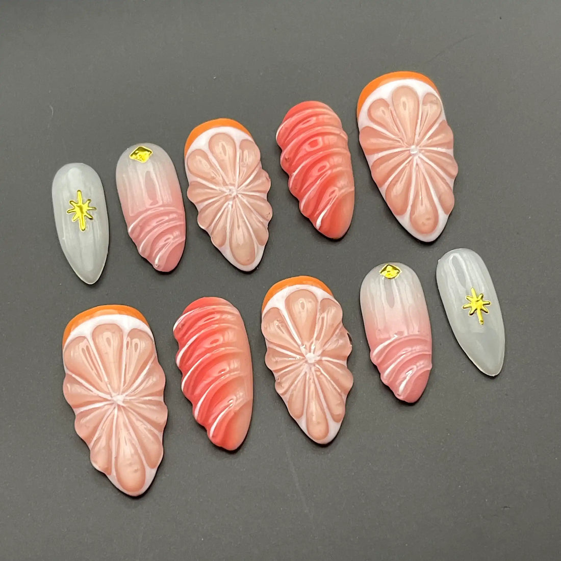 Handmade Orange Pink Citrus Fruit 3D Summer Star Press on Nails M01