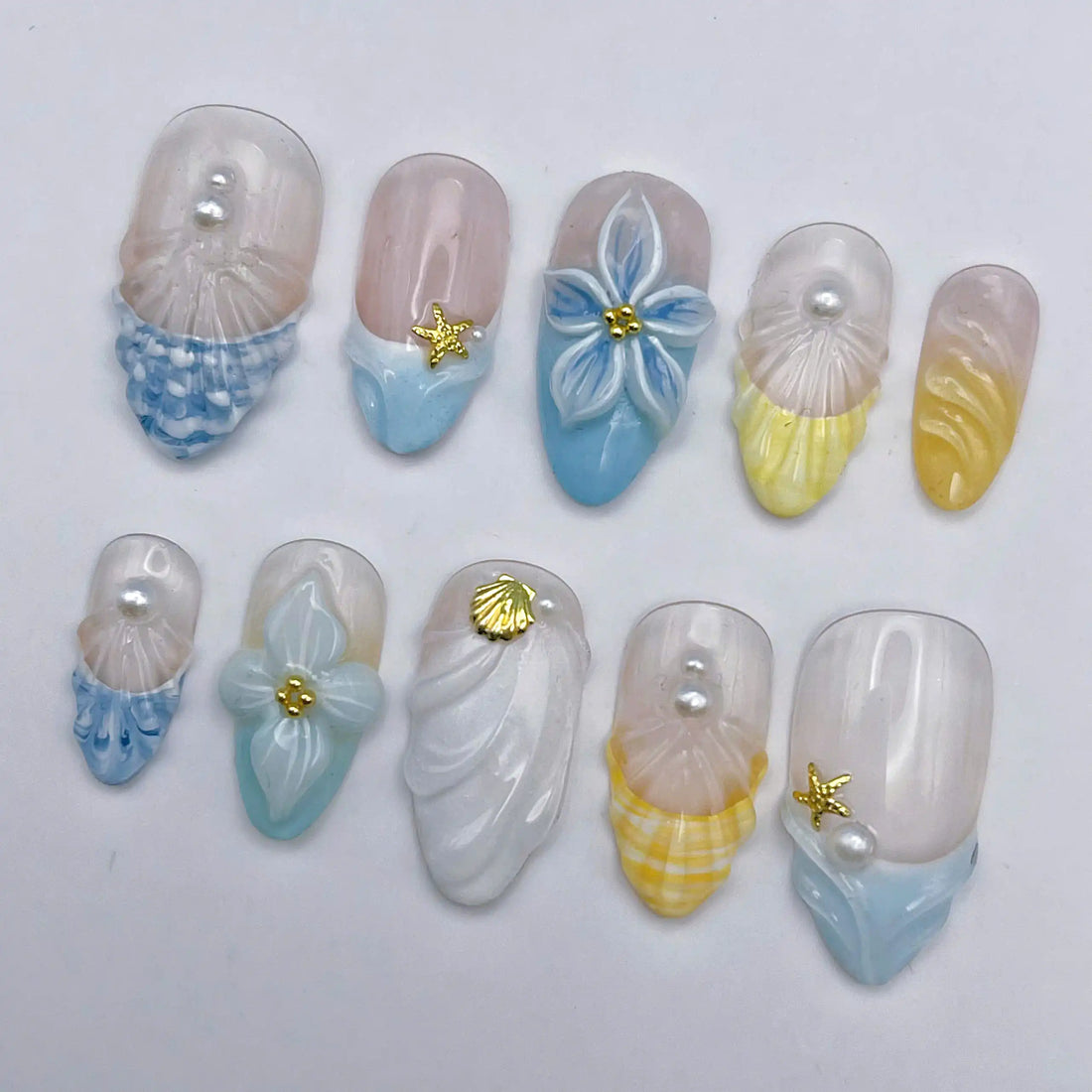 Handmade Pastel 3D Flower Seashell Pearl Ocean Press on Nails K69