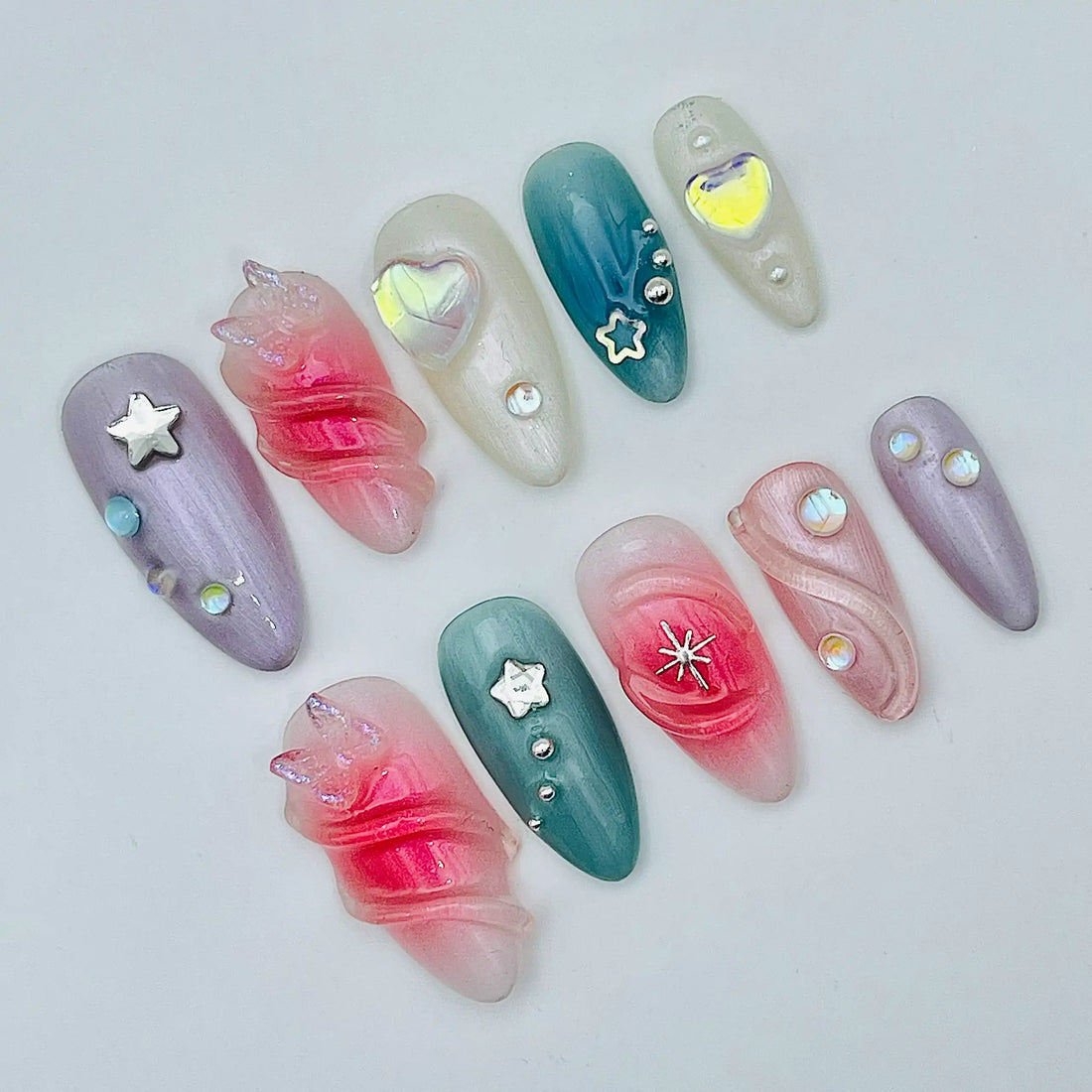 Handmade Pastel Iridescent Star Heart Charm Press on Nails S01