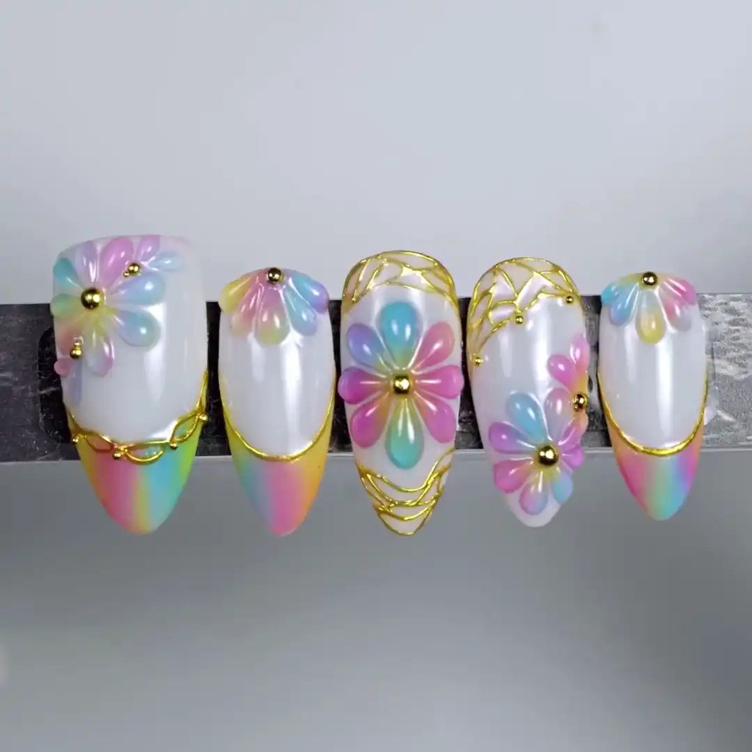 Handmade Pastel Rainbow 3D Flower Gold Dreamy Press on Nails T50
