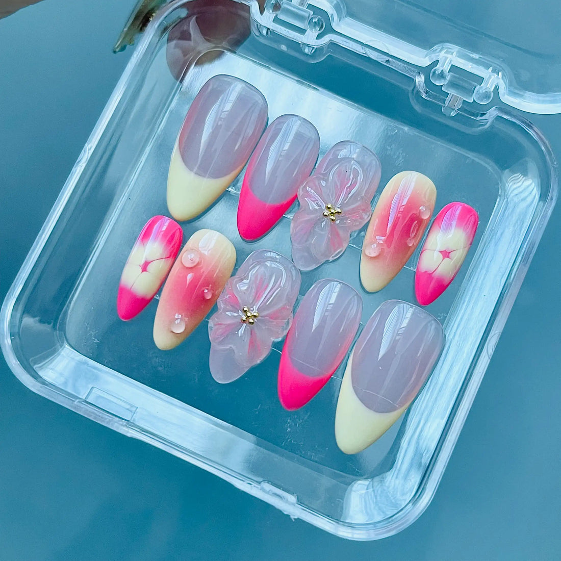 Handmade Pink 3D Flower Water Drop French Tip Spring Press on Nails E32
