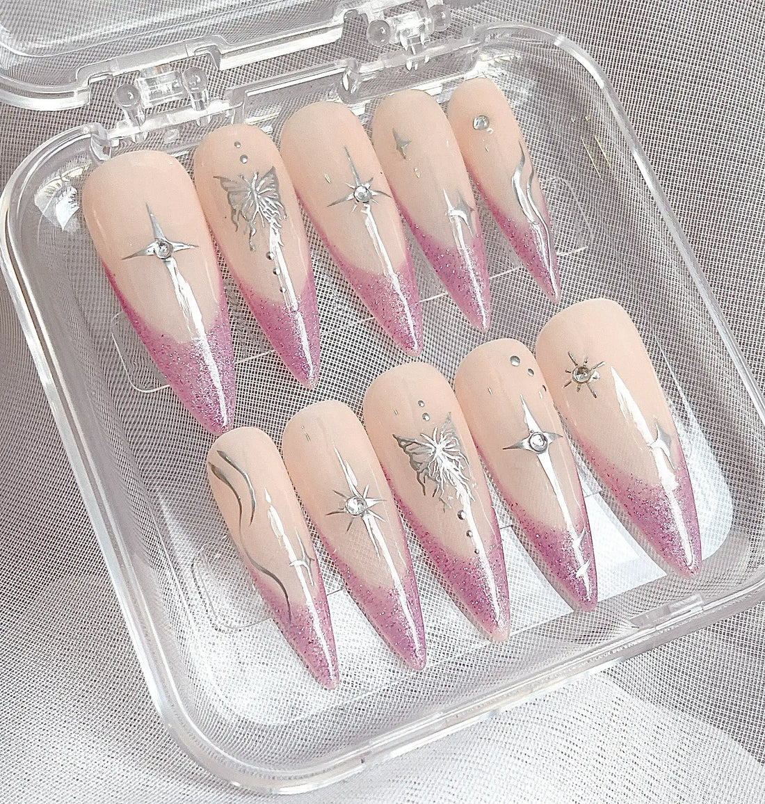 Handmade Pink Glitter Butterfly French Tip Bling Press on Nails N69