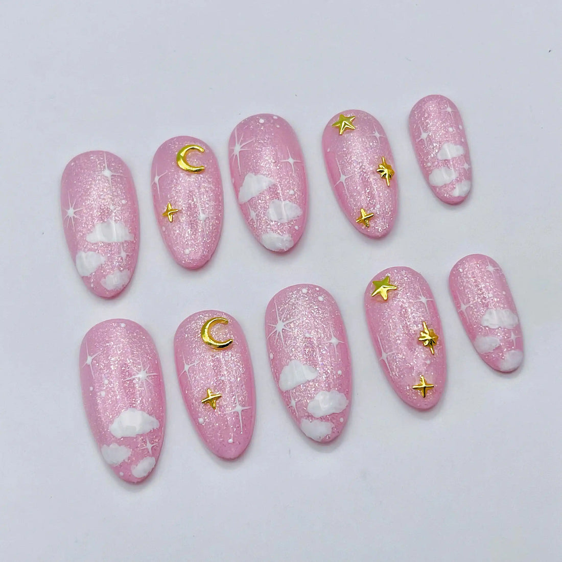 Handmade Pink Glitter Cloud Moon Star Dreamy Kawaii Press on Nails P26