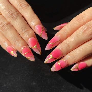 Handmade Pink Gold Metallic Abstract Elegant Press on Nails P52