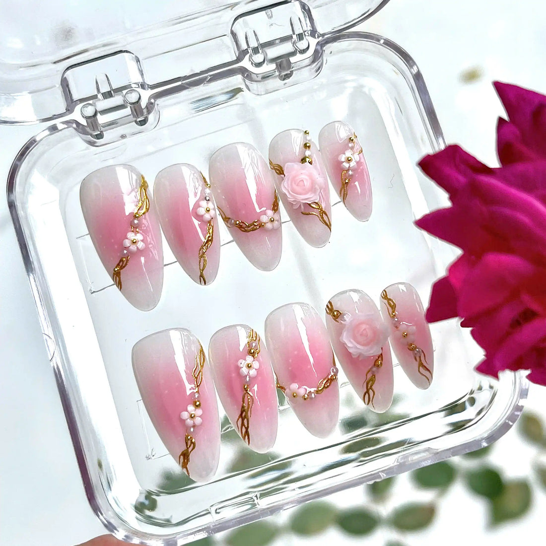 Handmade Pink Gold Rose Floral Elegant Romantic Press on Nails U11