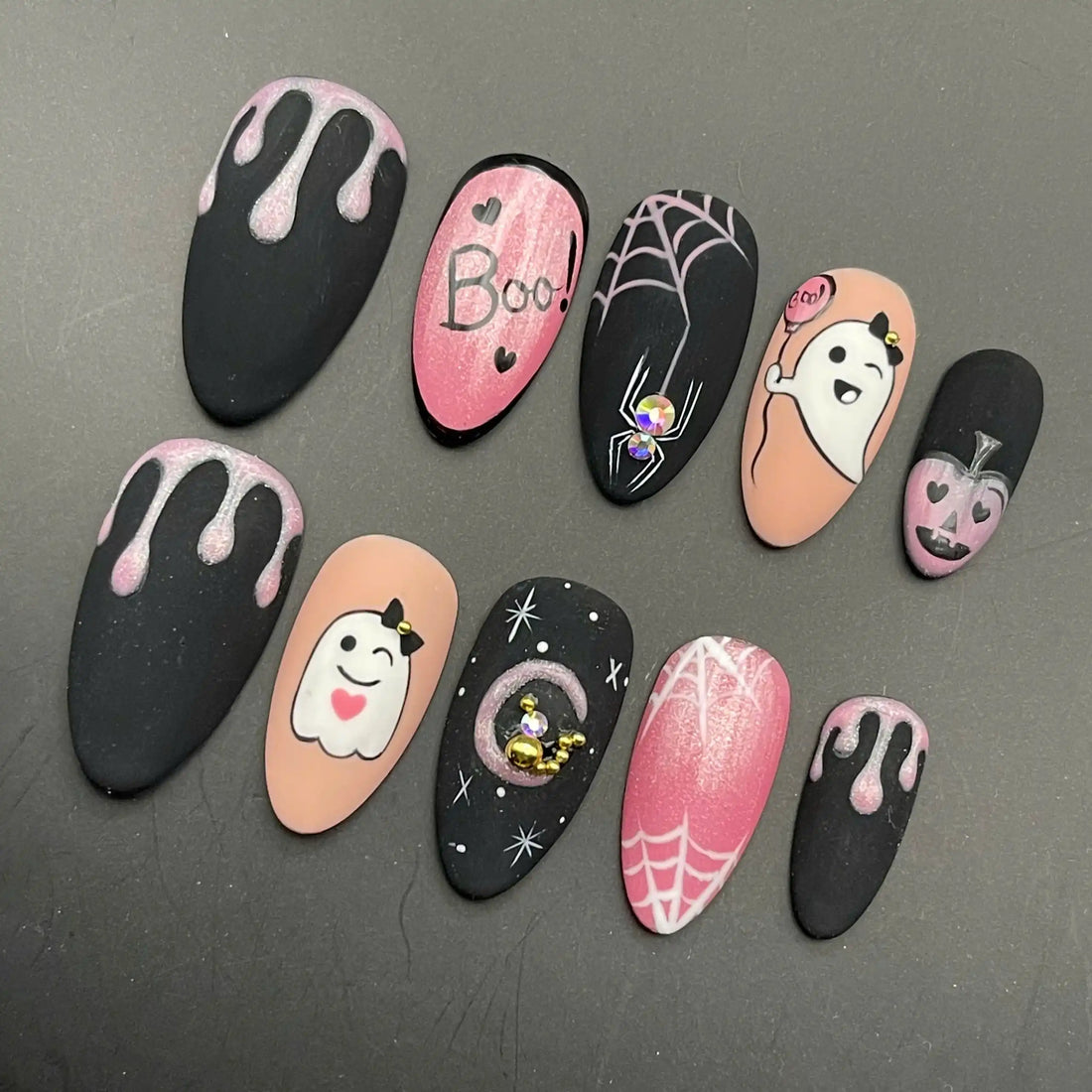 Handmade Pink Halloween Ghost Spider Pumpkin Spooky Press on Nails G17