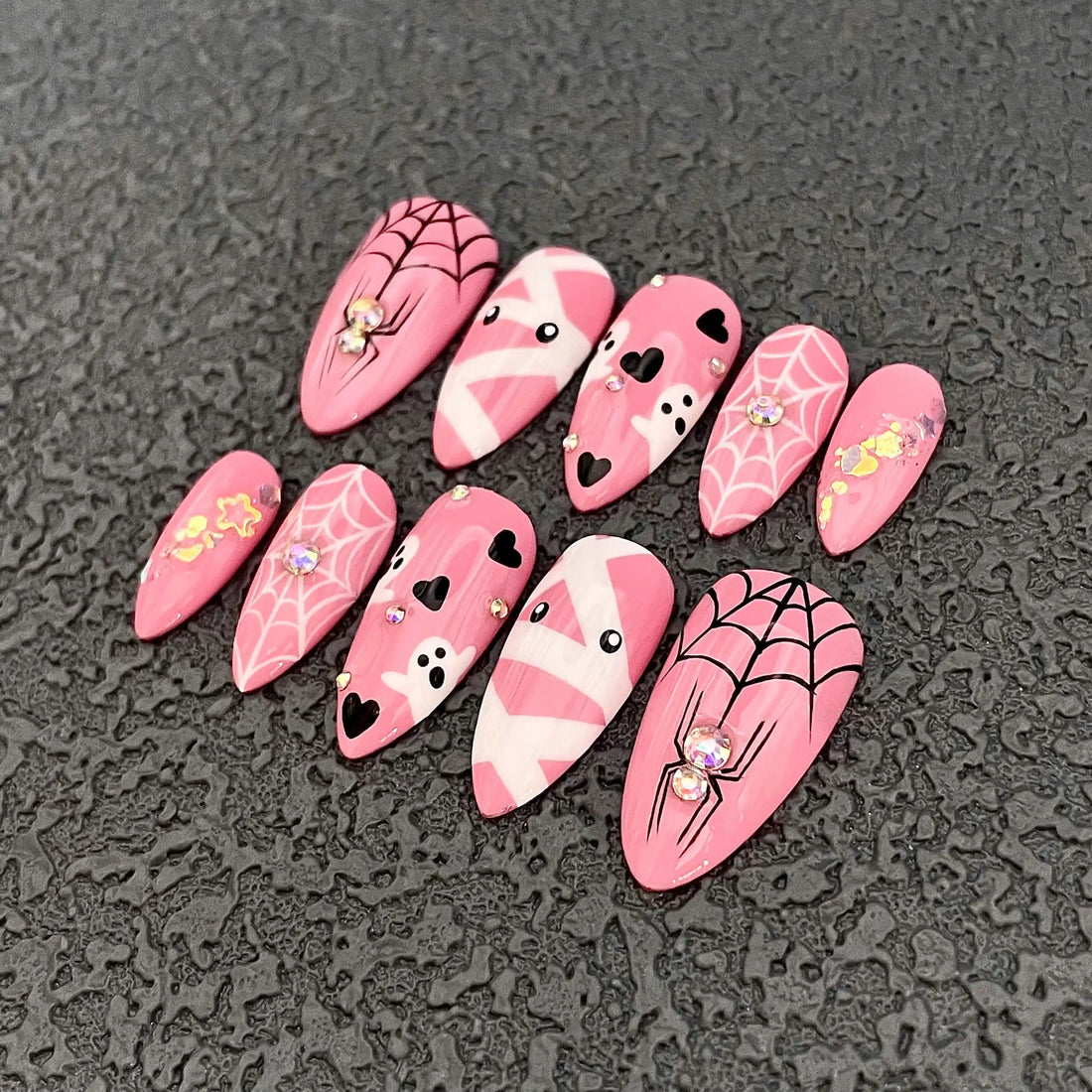Handmade Pink Halloween Spider Web Ghost Heart Cute Press on Nails A91