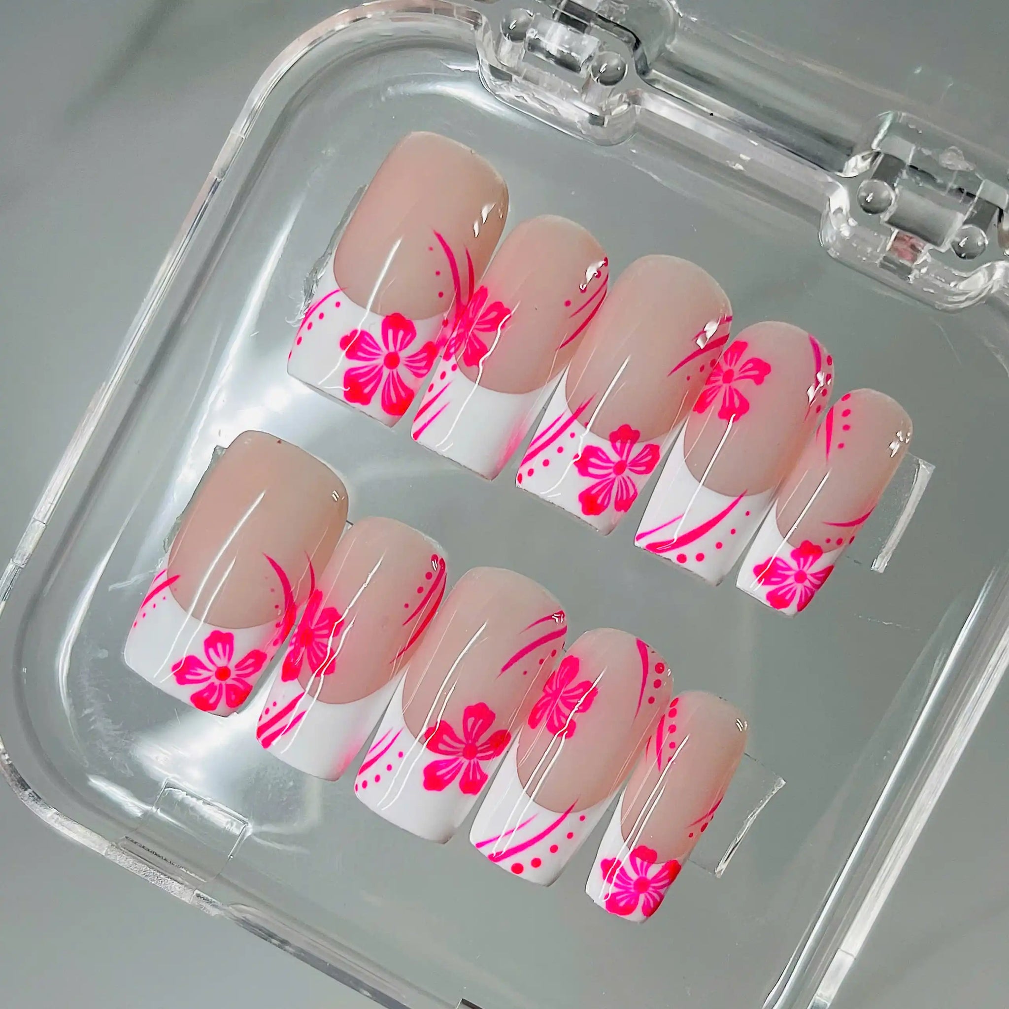Handmade Pink Hibiscus Floral French Tip Fake Nails - Spring Summer Design O33