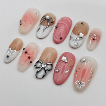 Handmade Pink Nude Marble Bow Bling Pearl Press on Nails Y48