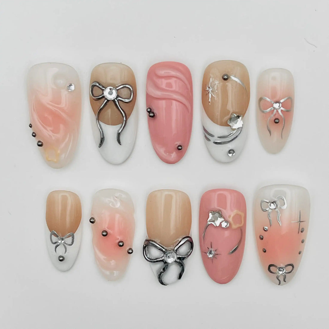 Handmade Pink Nude Marble Bow Bling Pearl Press on Nails Y48