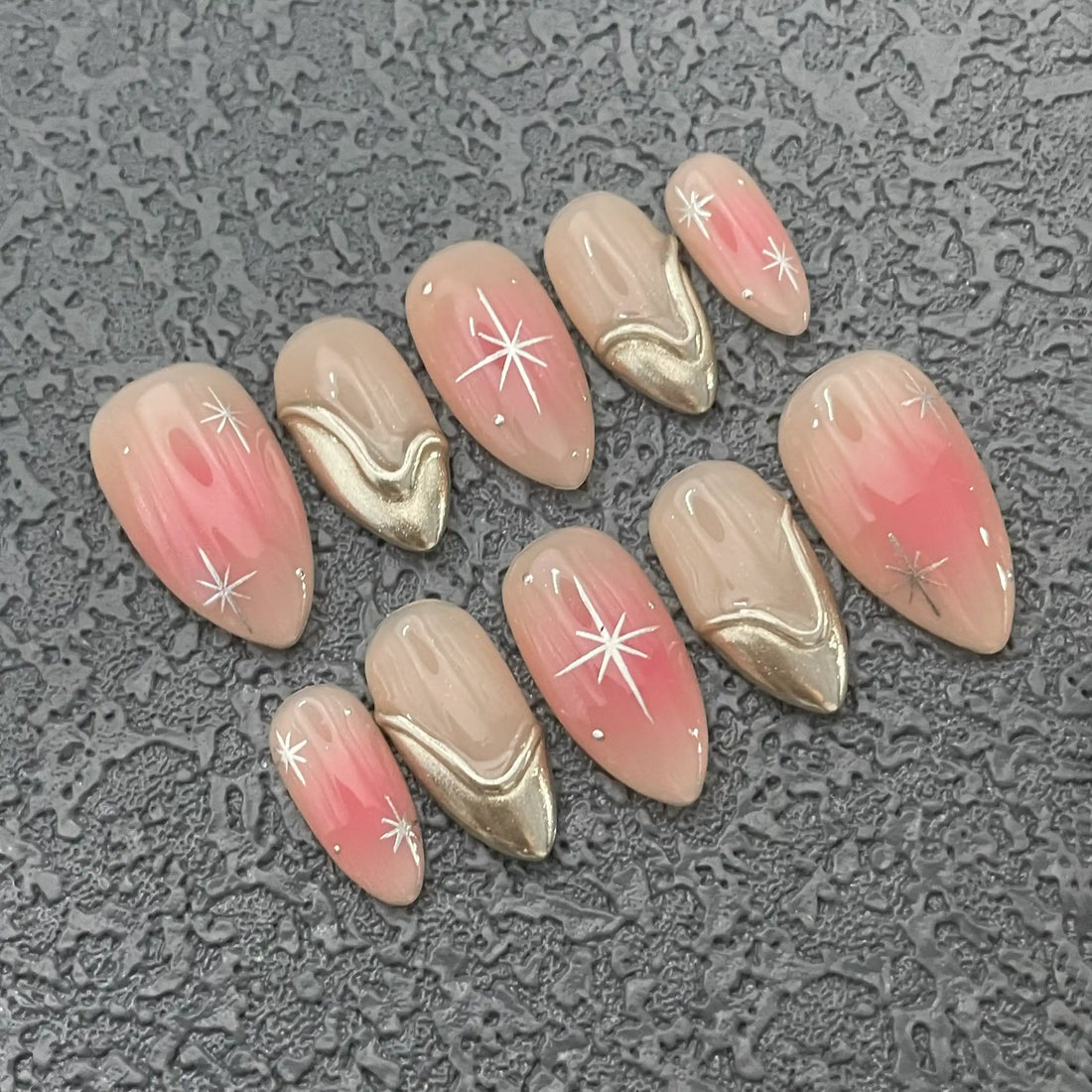 Handmade Pink Nude Silver Gold Star Elegant Subtle Press on Nails K03