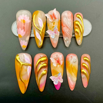 Handmade Pink Orange Gold 3D Butterfly Floral Fairy Press on Nails A57