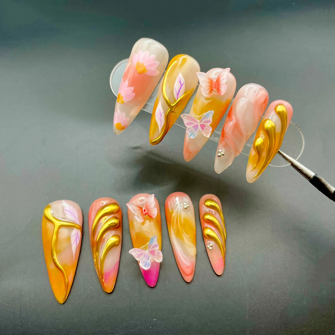 Handmade Pink Orange Gold 3D Butterfly Floral Fairy Press on Nails A57