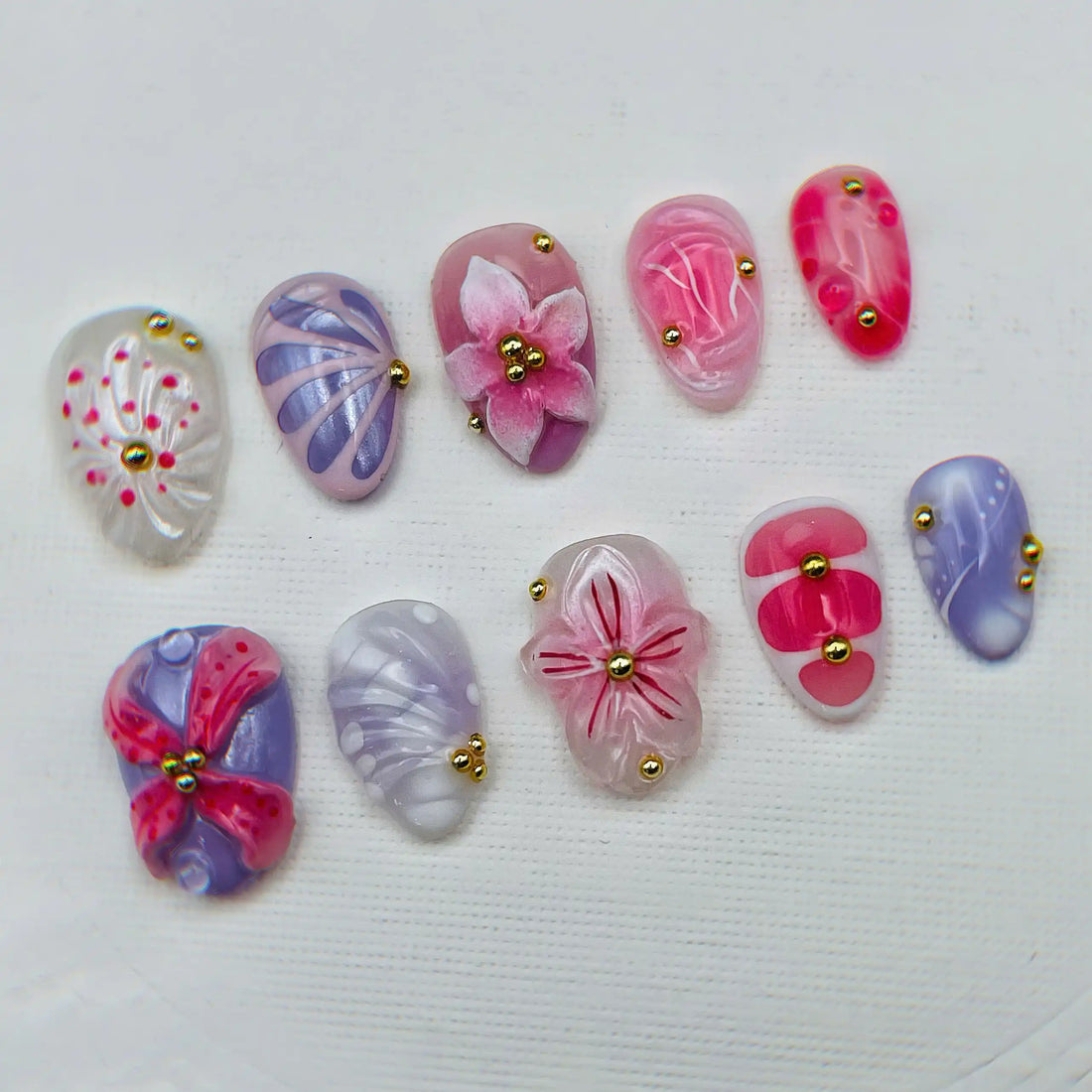 Handmade Pink Purple Floral 3D Gold Fake Nails D81