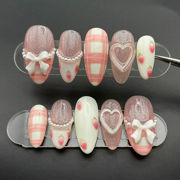 Handmade Pink Strawberry Bow Heart Plaid Glitter Press on Nails M96
