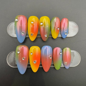 Handmade Rainbow Ombre Colorful Rhinestone Summer Press on Nails C67