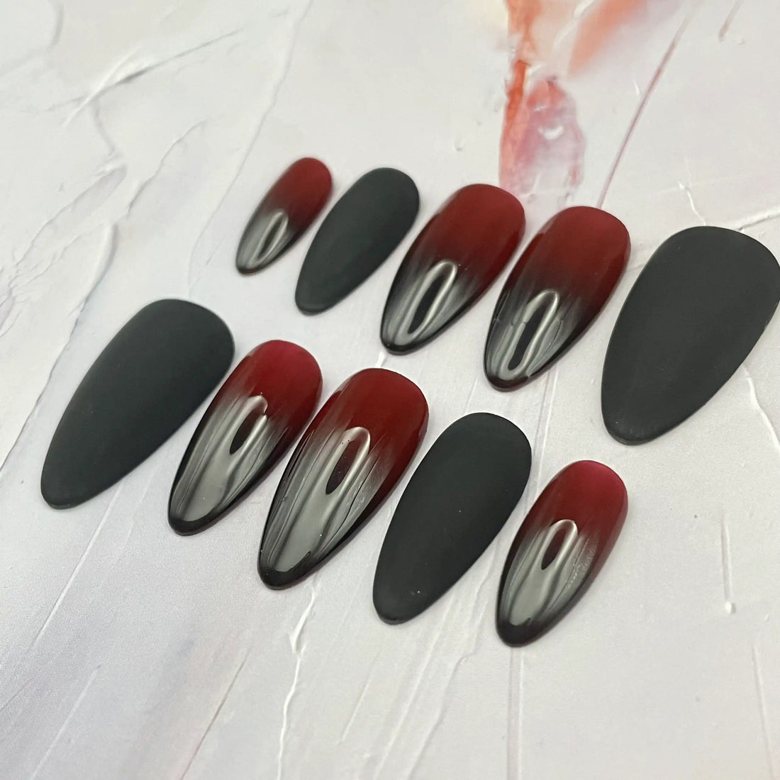 Handmade Red Black Ombre Gothic Edgy Dark Modern Press on Nails T00