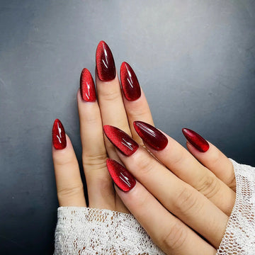 Handmade Red Cat Eye Magnetic Elegant Press on Nails D27