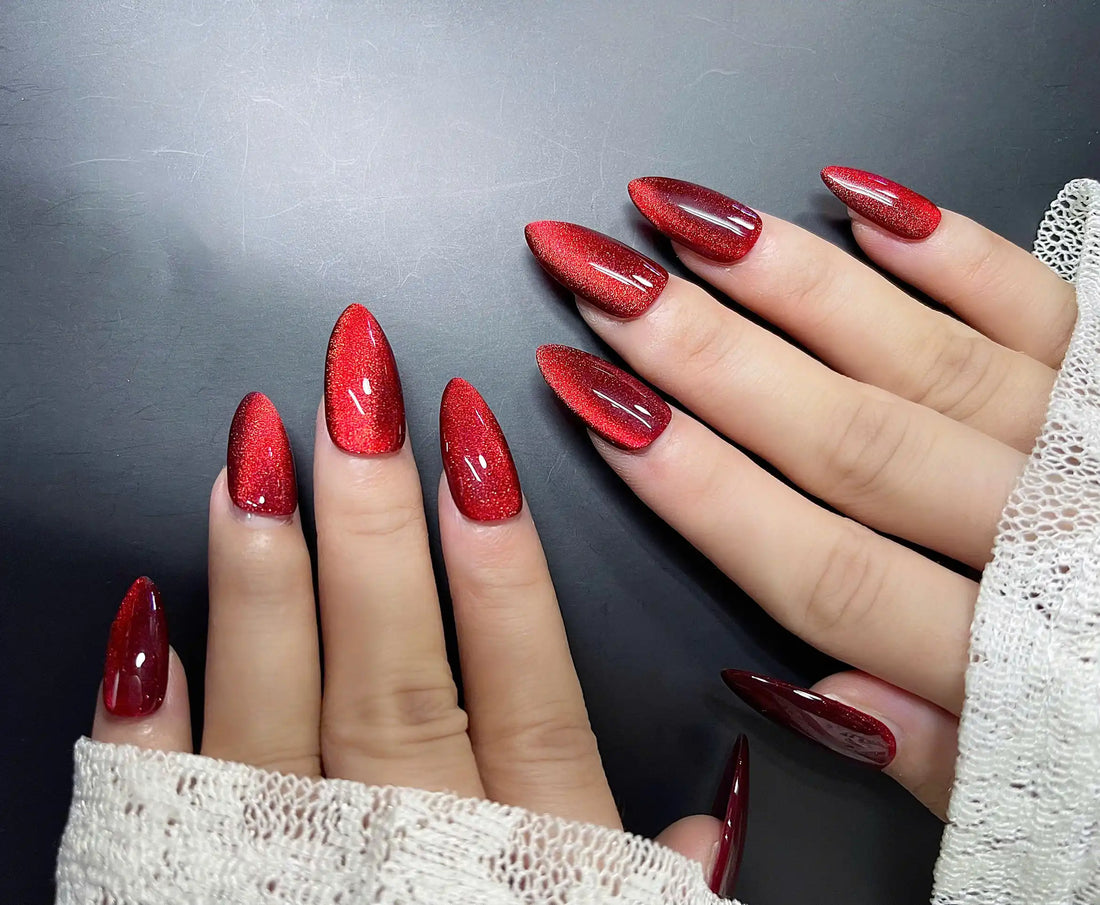 Handmade Red Cat Eye Magnetic Elegant Press on Nails D27