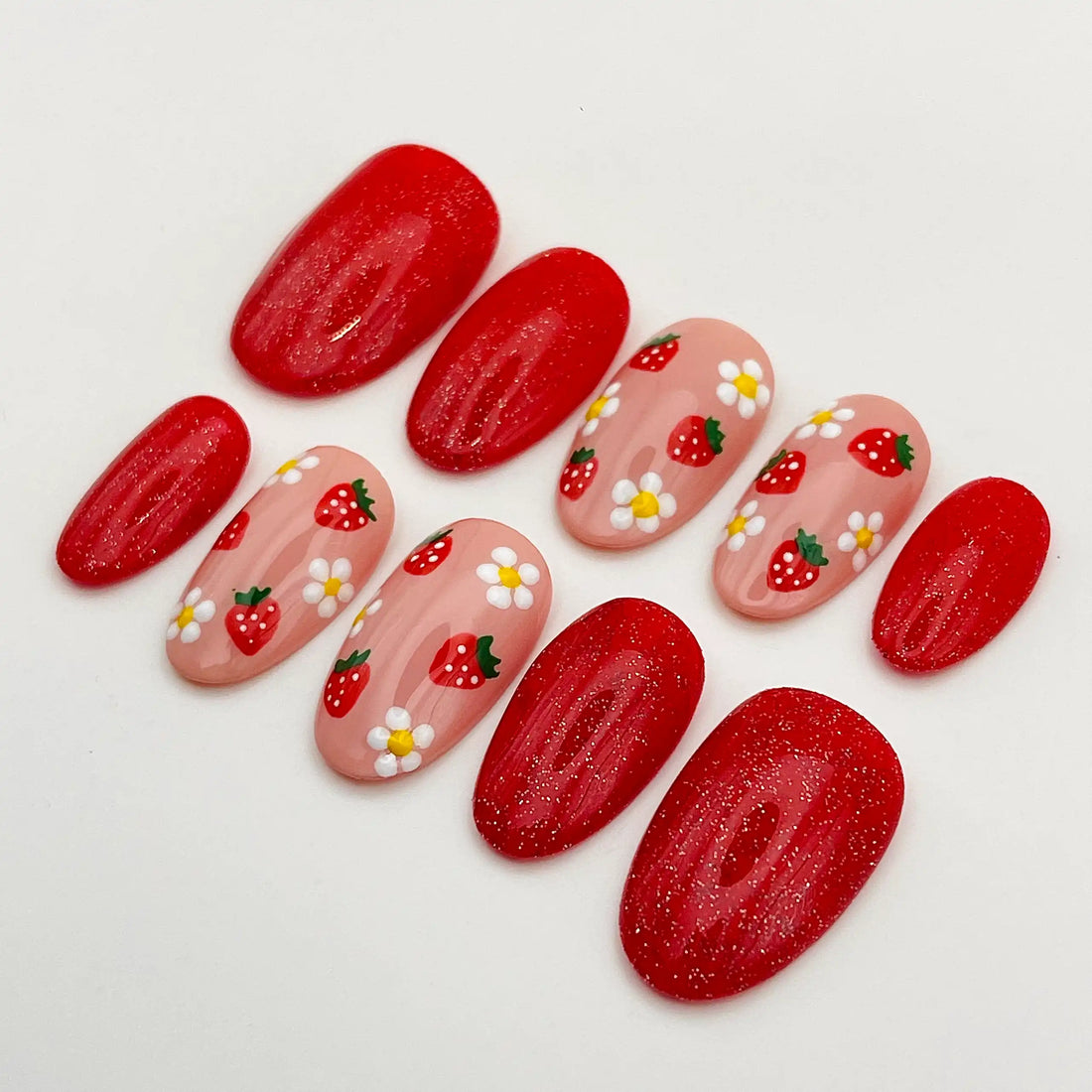 Handmade Red Glitter Strawberry Floral Fun Summer Press on Nails F36
