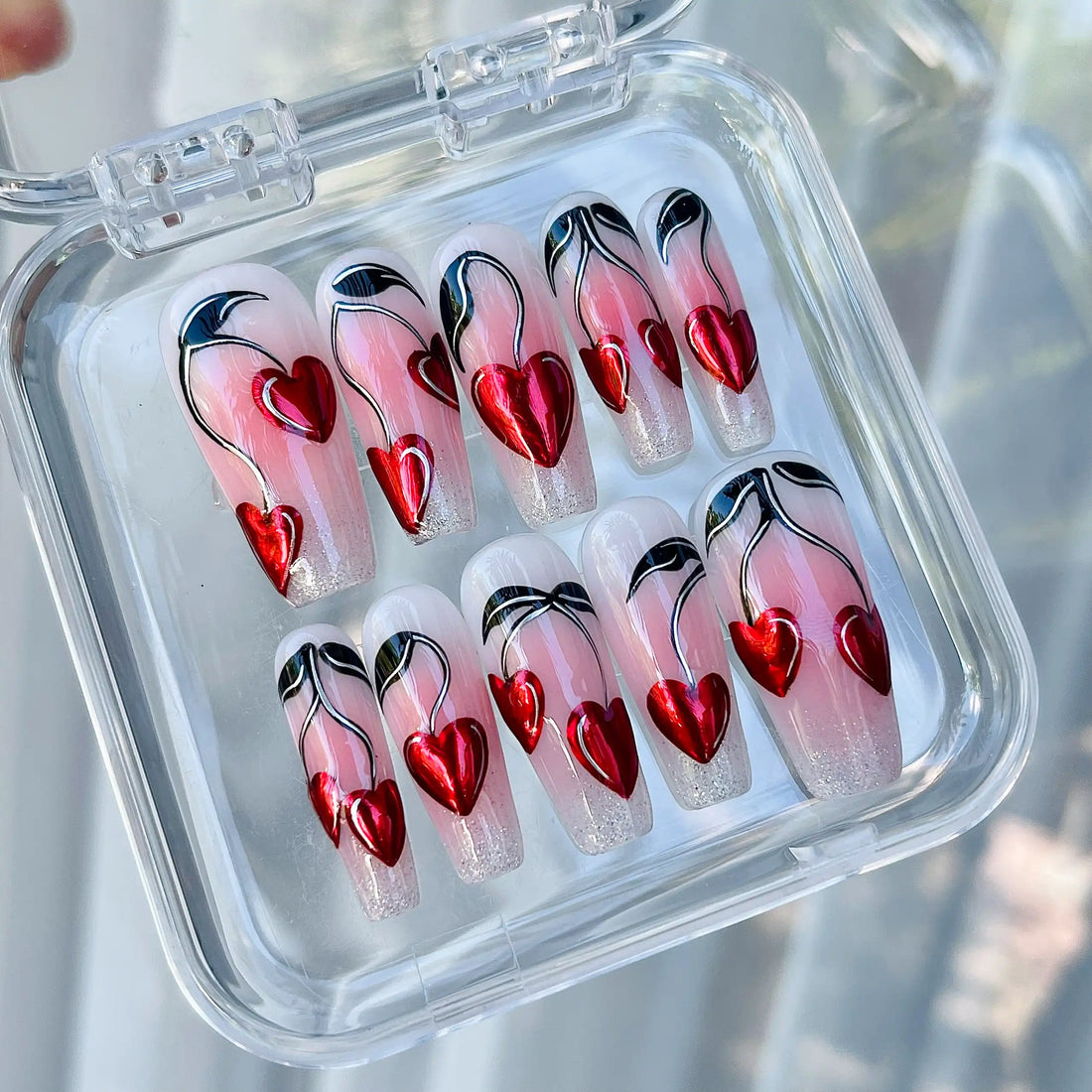 Handmade Red Heart Cherry Love Pink Glitter Press on Nails U40
