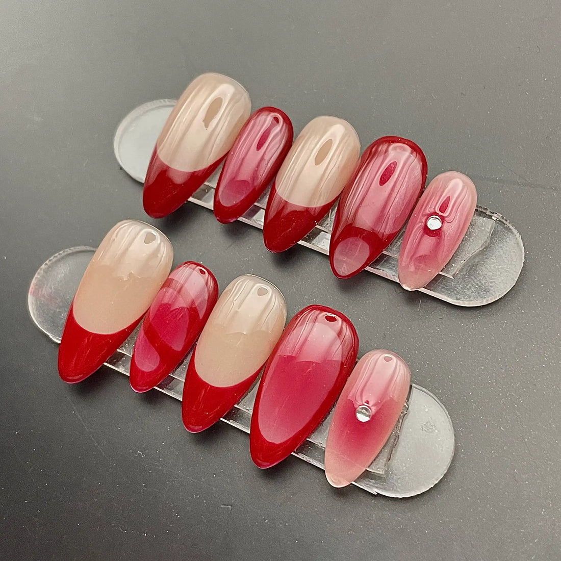 Handmade Red Jelly Ombre French Tip Classic Elegant Press on Nails N77