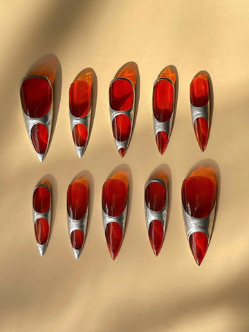 Handmade Red Orange Translucent Glass Metallic Artistic Press on Nails U87