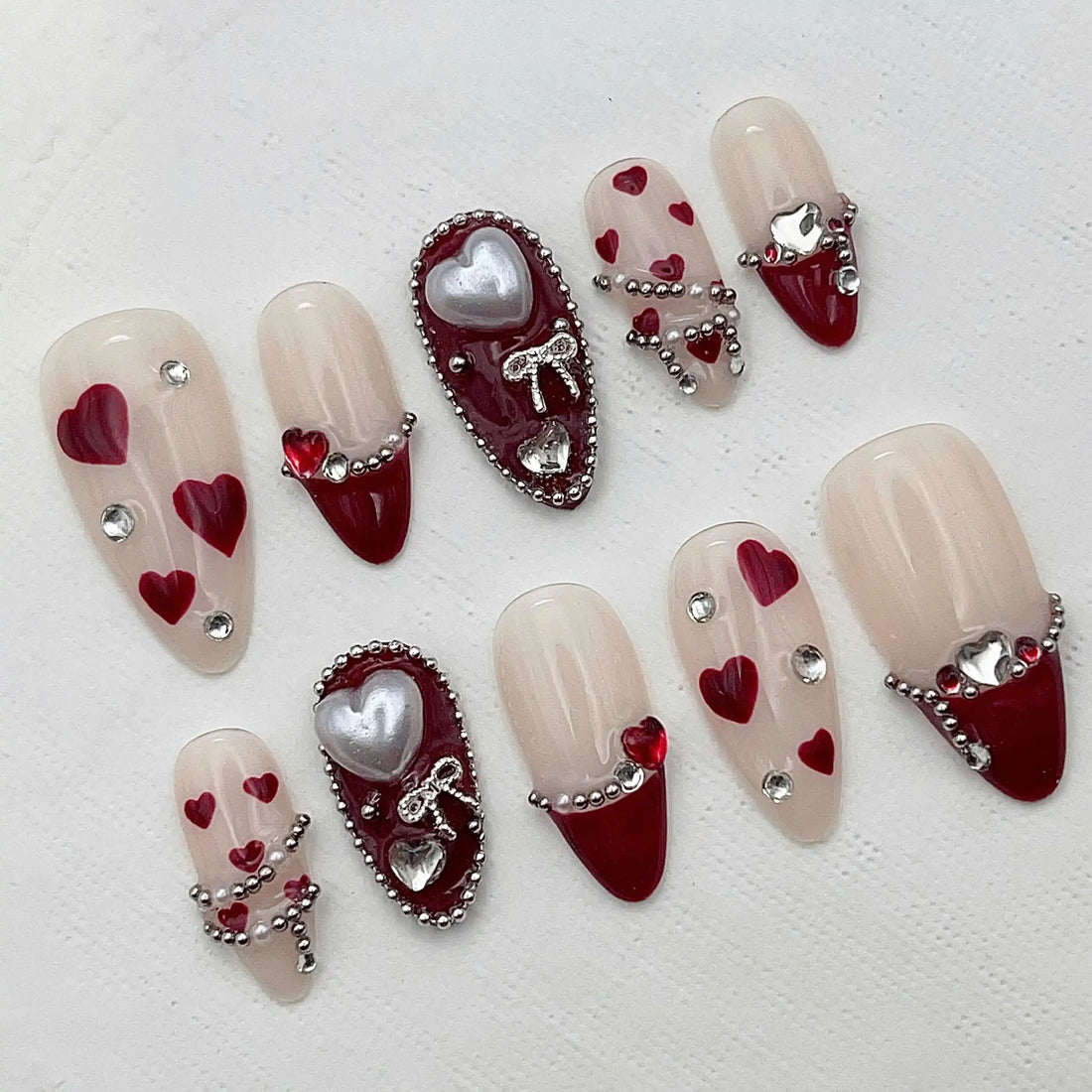 Handmade Red Silver Heart Romantic Elegant Press on Nails Z38