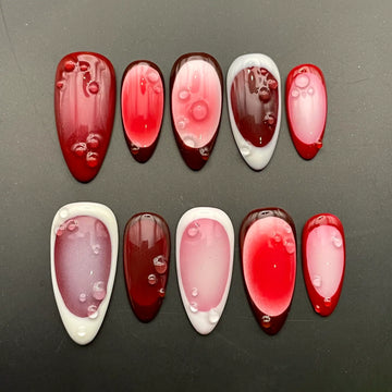 Handmade Red White Jelly Drip Bubble Unique Press on Nails Q58