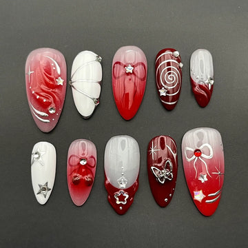Handmade Red White Silver Star Bow Gothic Swirl Press on Nails P23