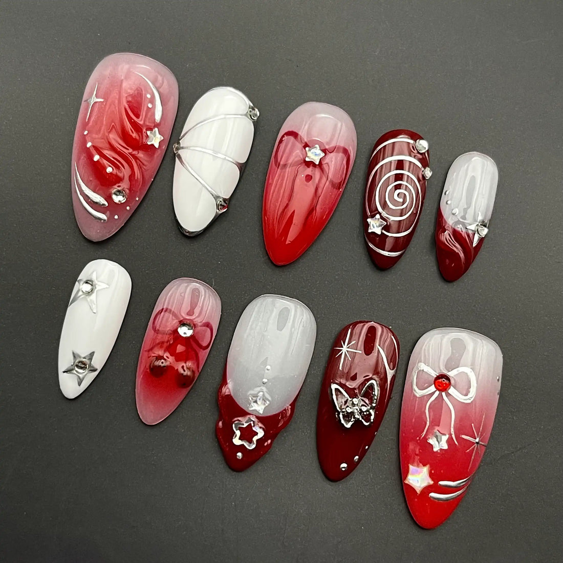 Handmade Red White Silver Star Bow Gothic Swirl Press on Nails P23