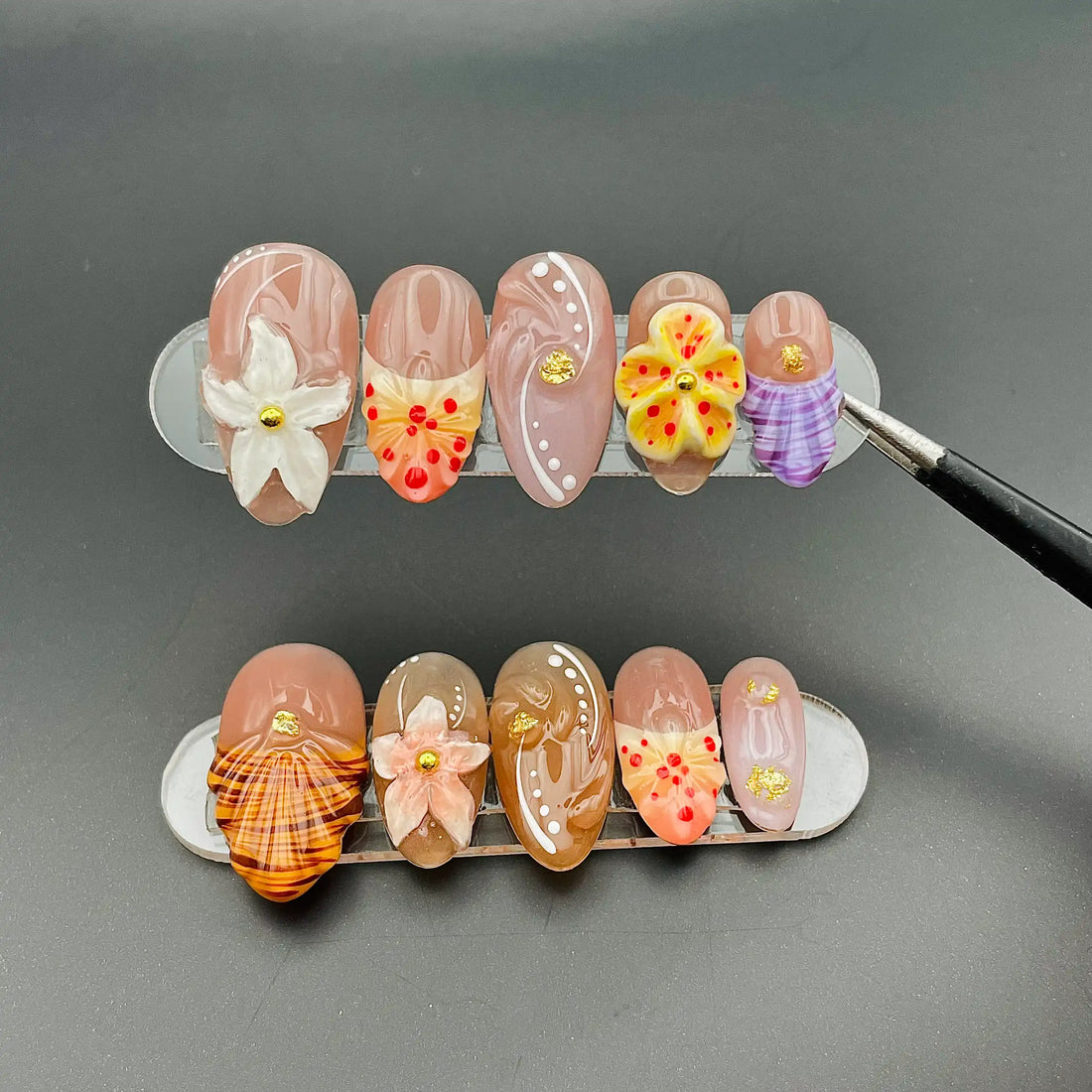 Handmade Seashell Floral Tropical 3D Beach Summer Press on Nails D44