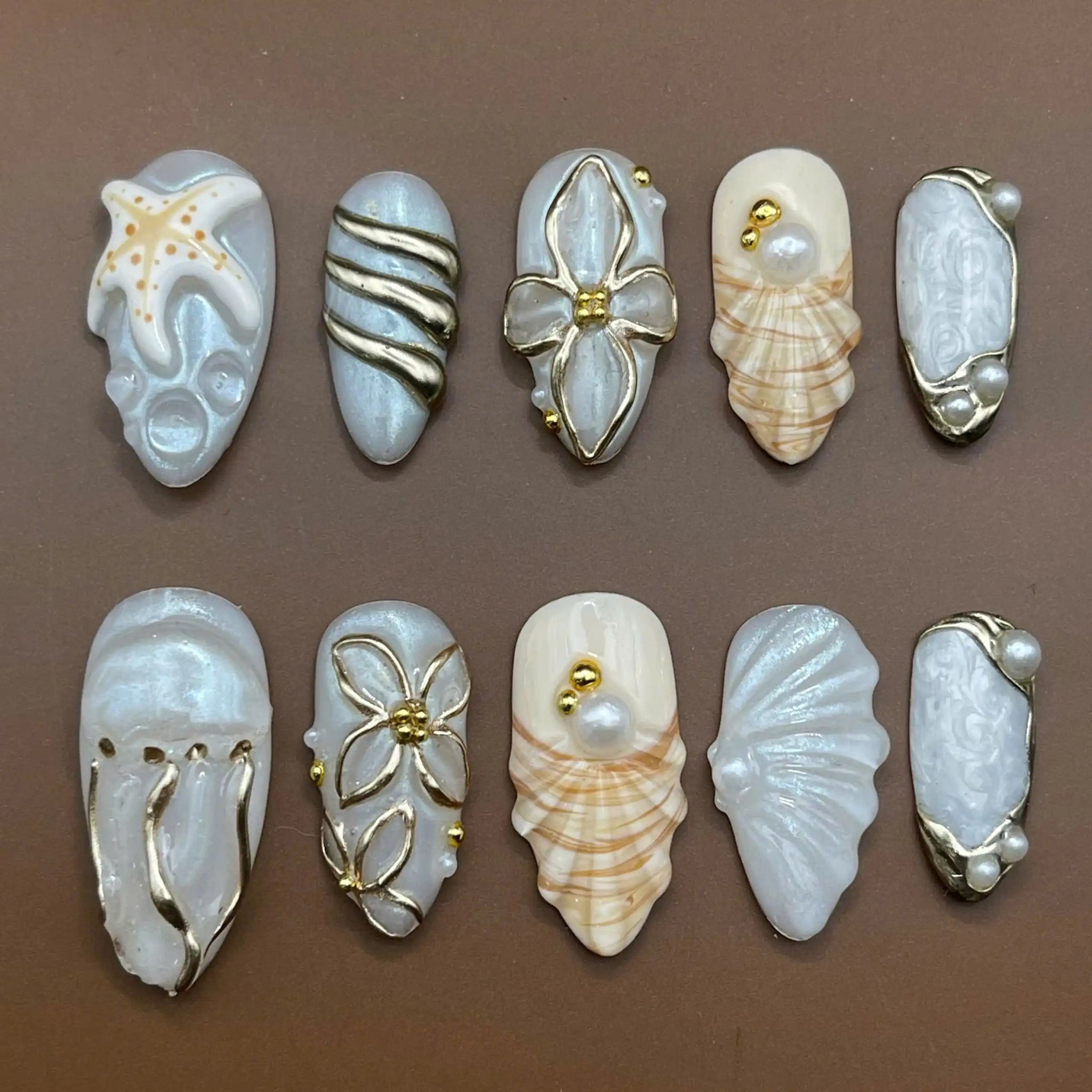 Handmade Seashell Starfish Jellyfish 3D Mermaid Fake Nails Z17