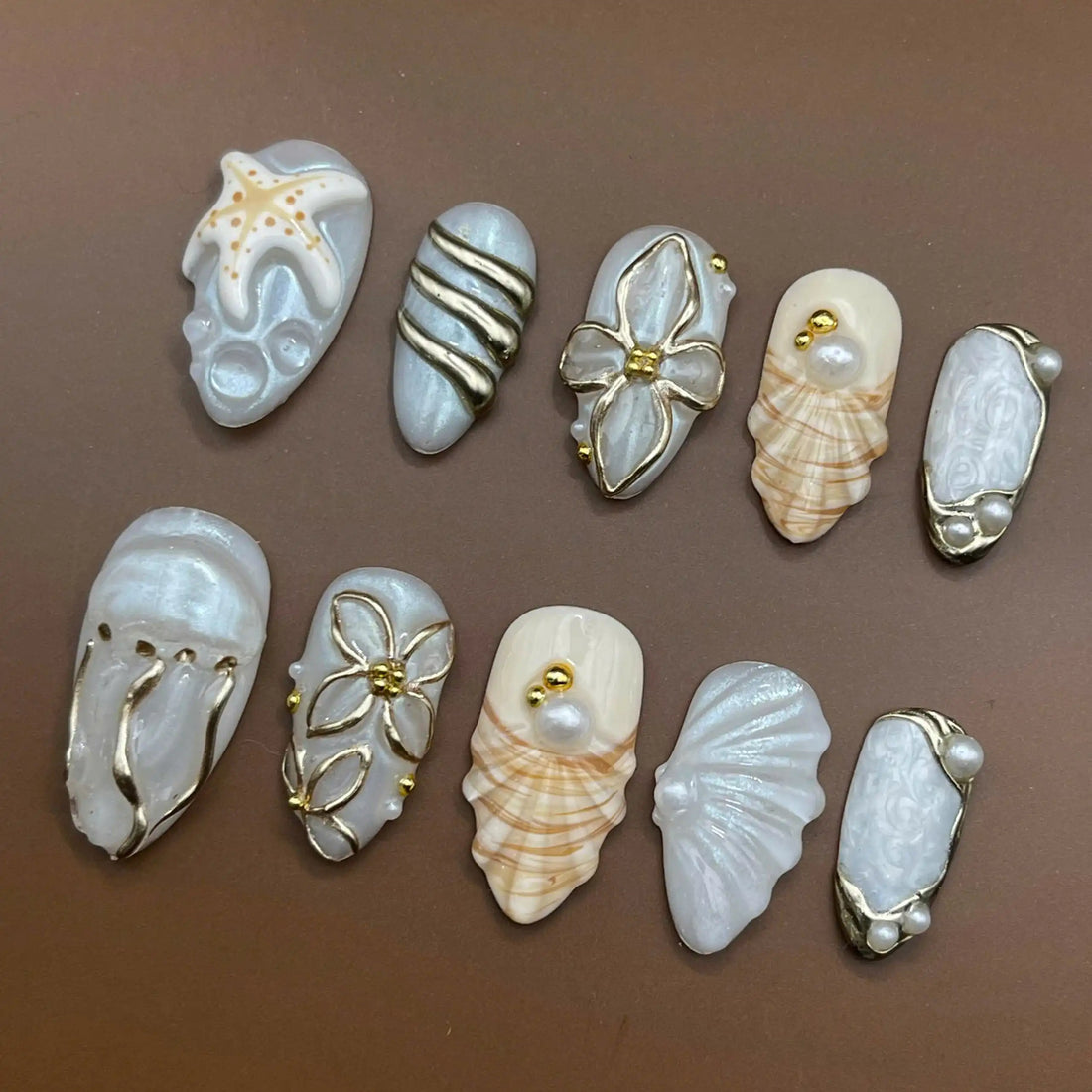 Handmade Seashell Starfish Jellyfish 3D Mermaid Fake Nails Z17