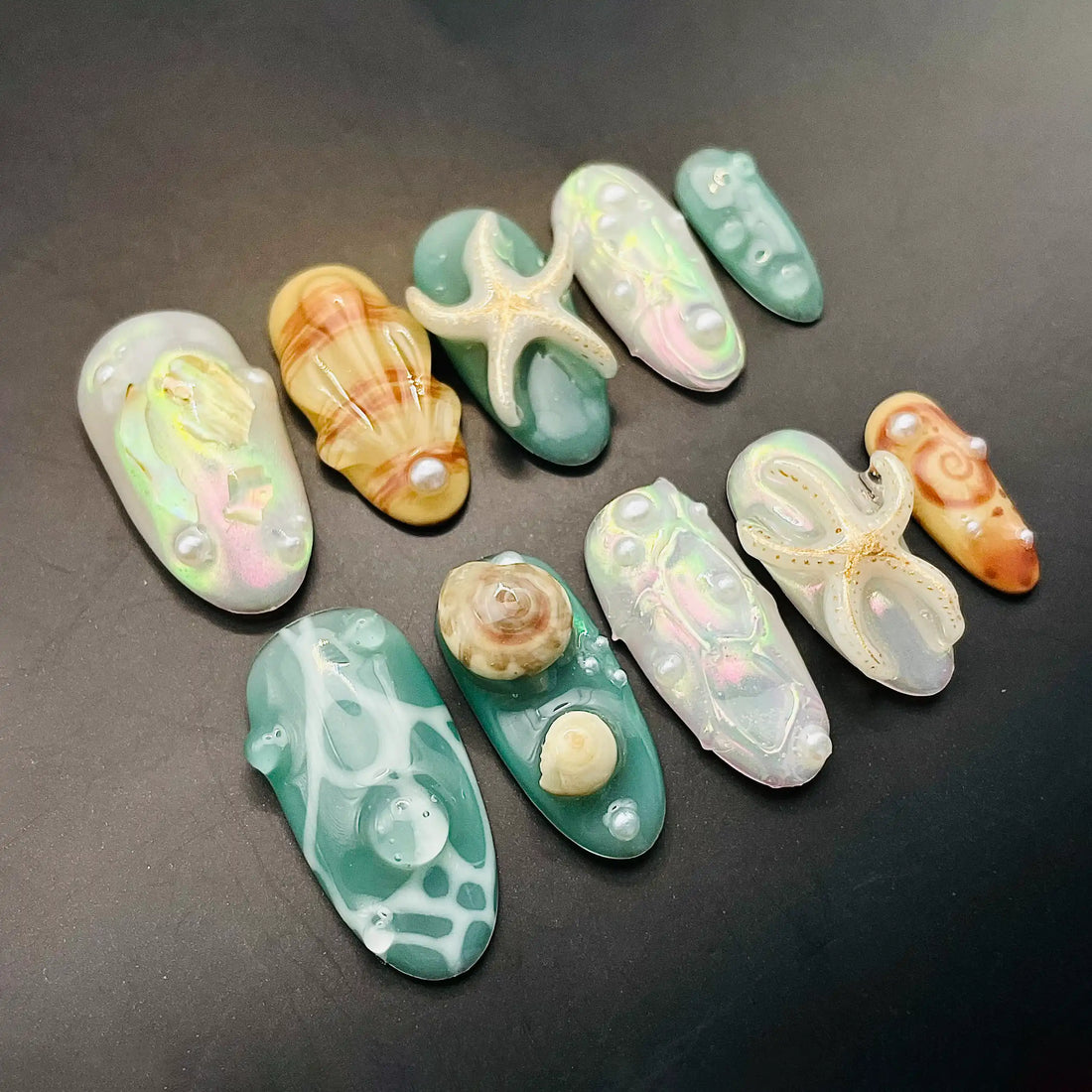 Handmade Seashell Starfish Pearl Ocean Mermaid Beach Press on Nails X56