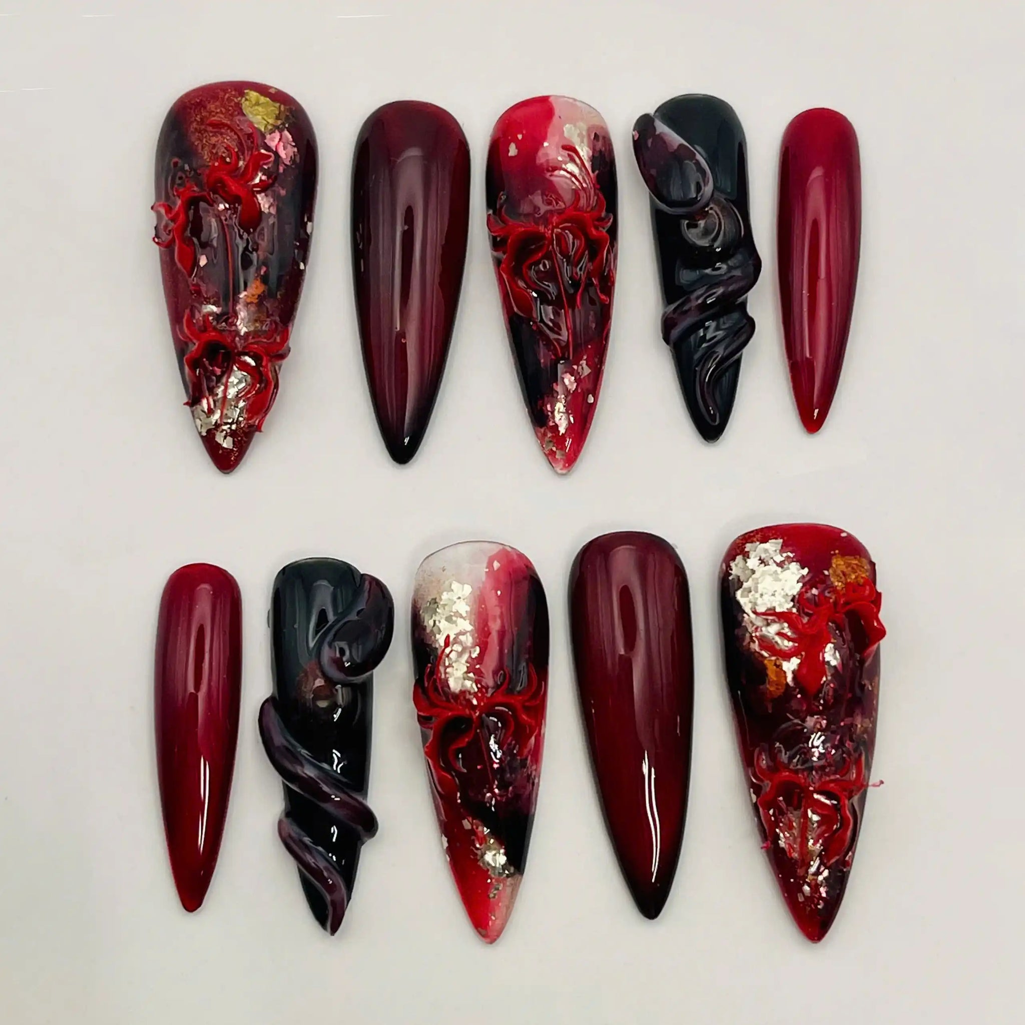 Handmade Spider Lily Dark Red Gothic 3D Unique Press on Nails T89