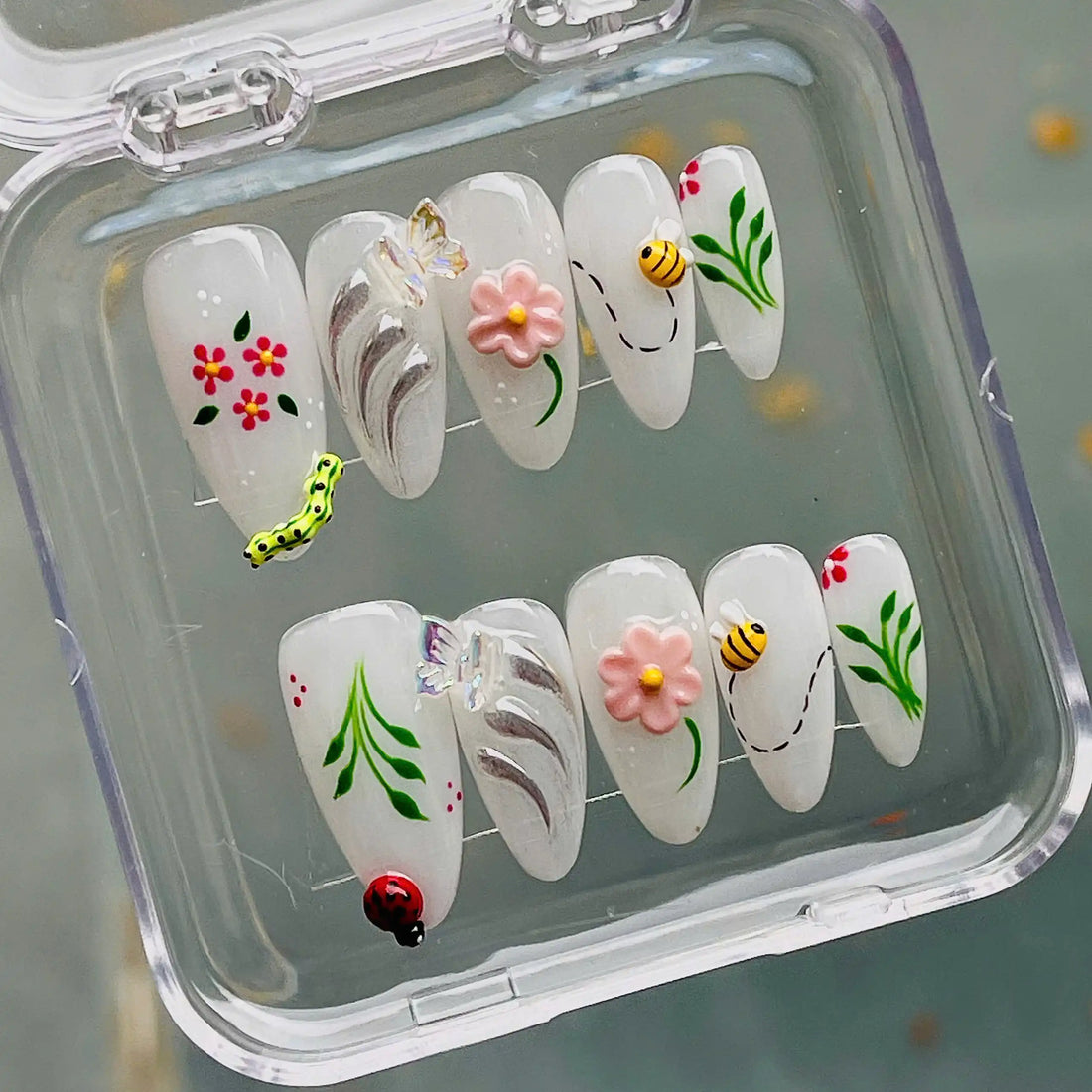 Handmade Spring Garden 3D Bee Butterfly Ladybug Flower Press on Nails D37