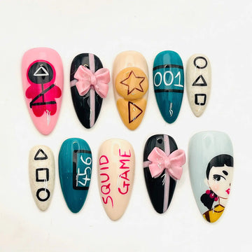 Handmade Squ*d Game Movie Inspired Press on Nails - Cute Reusable 3D Nail Art Q31