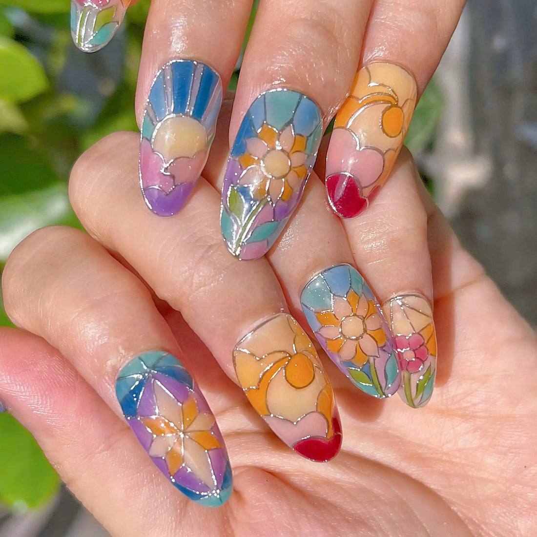 Stained Glass Colorful Floral Unique Press on Nails R86