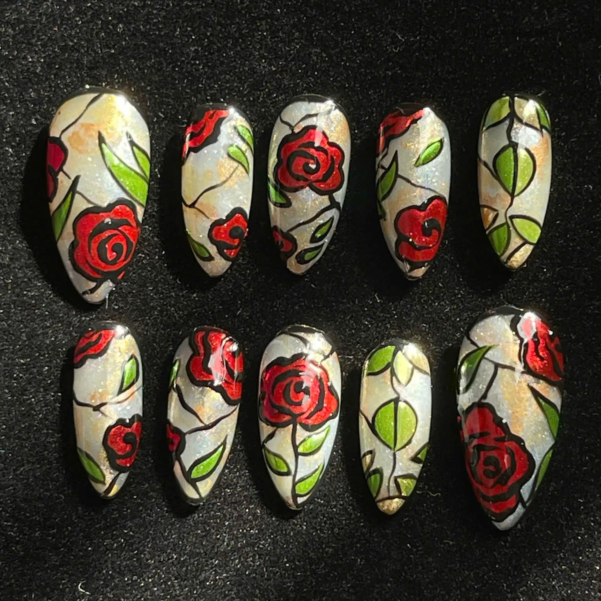 Handmade Stained Glass Rose Floral Enchanted Red Green Press on Nails A40