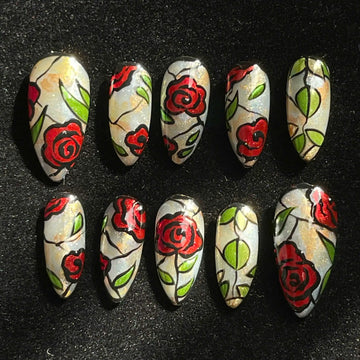 Handmade Stained Glass Rose Floral Enchanted Red Green Press on Nails A40