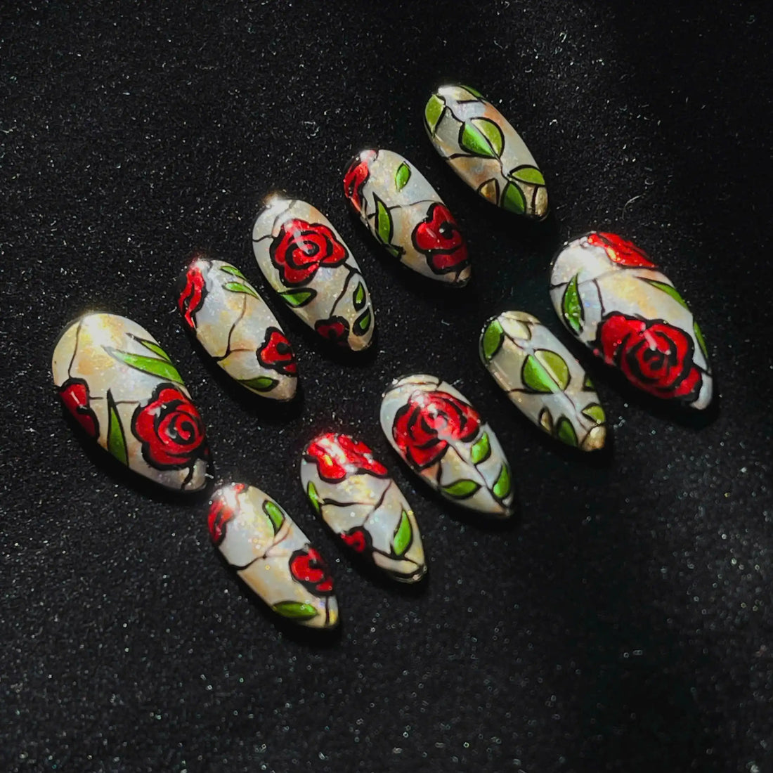 Handmade Stained Glass Rose Floral Enchanted Red Green Press on Nails A40