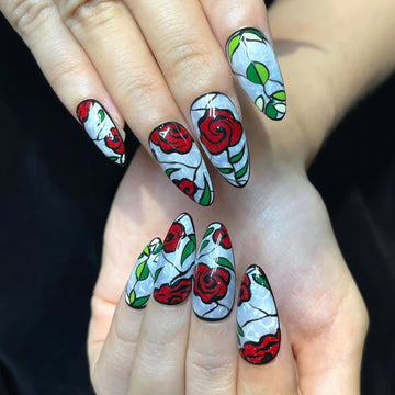Handmade Stained Glass Rose Floral Red Green Unique Fake Nails N71