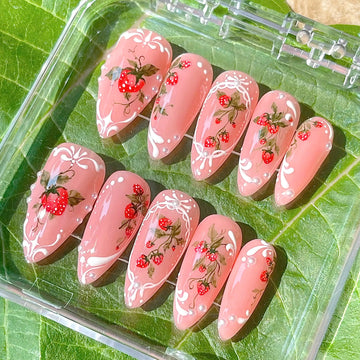 Handmade Strawberry Pink Nude Romantic Elegant Sweet Press on Nails C54