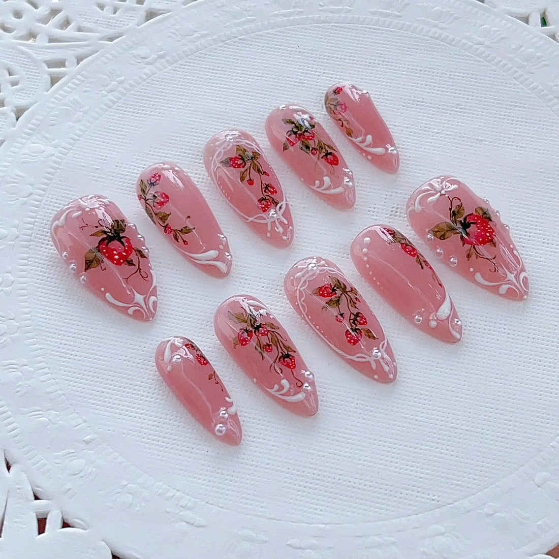 Handmade Strawberry Pink Nude Romantic Elegant Sweet Press on Nails C54