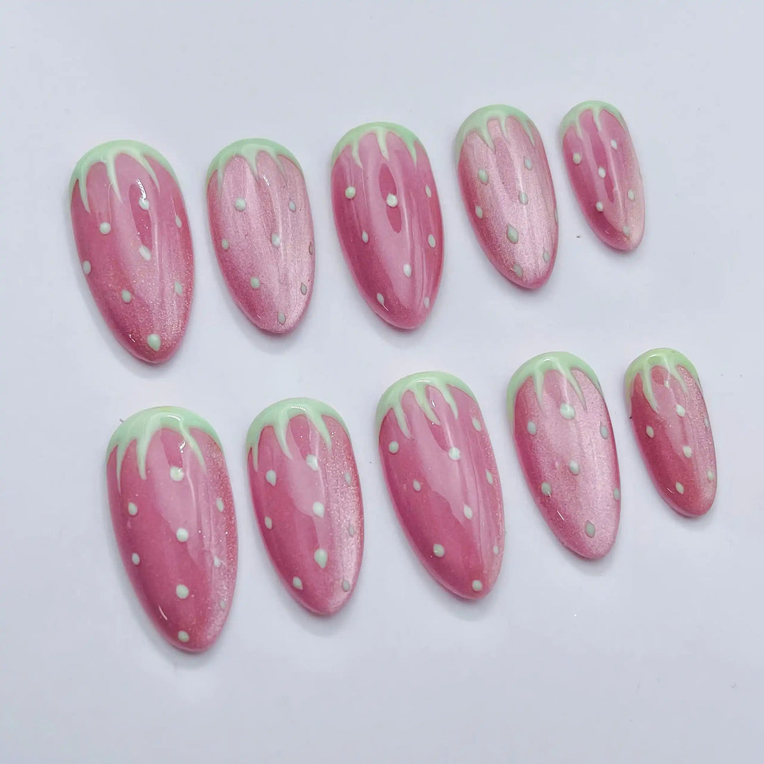 Handmade Strawberry Pink Pastel Cat Eye Drip Press on Nails U36