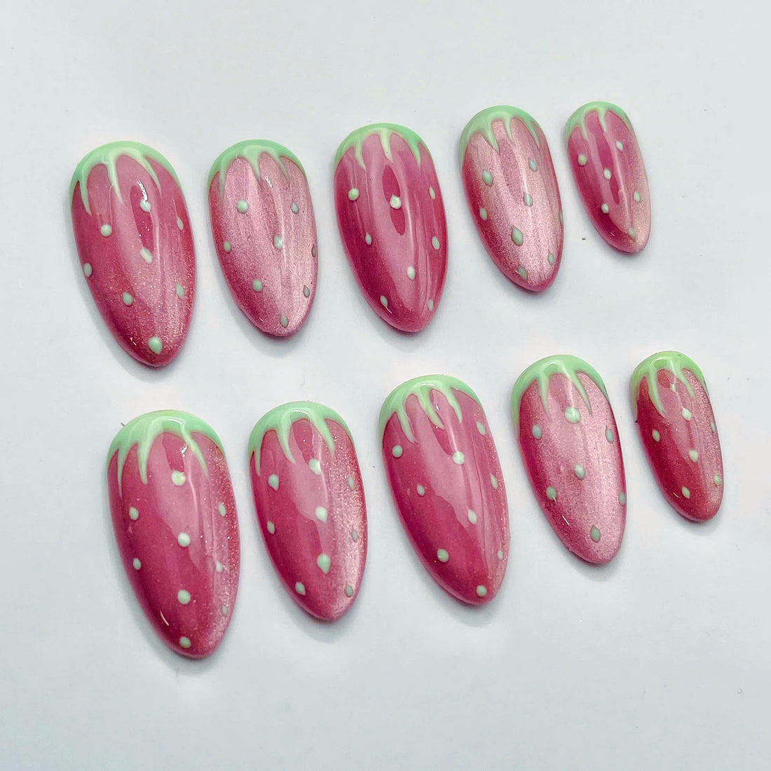 Handmade Strawberry Red Pastel Cat Eye Drip Press on Nails Z66
