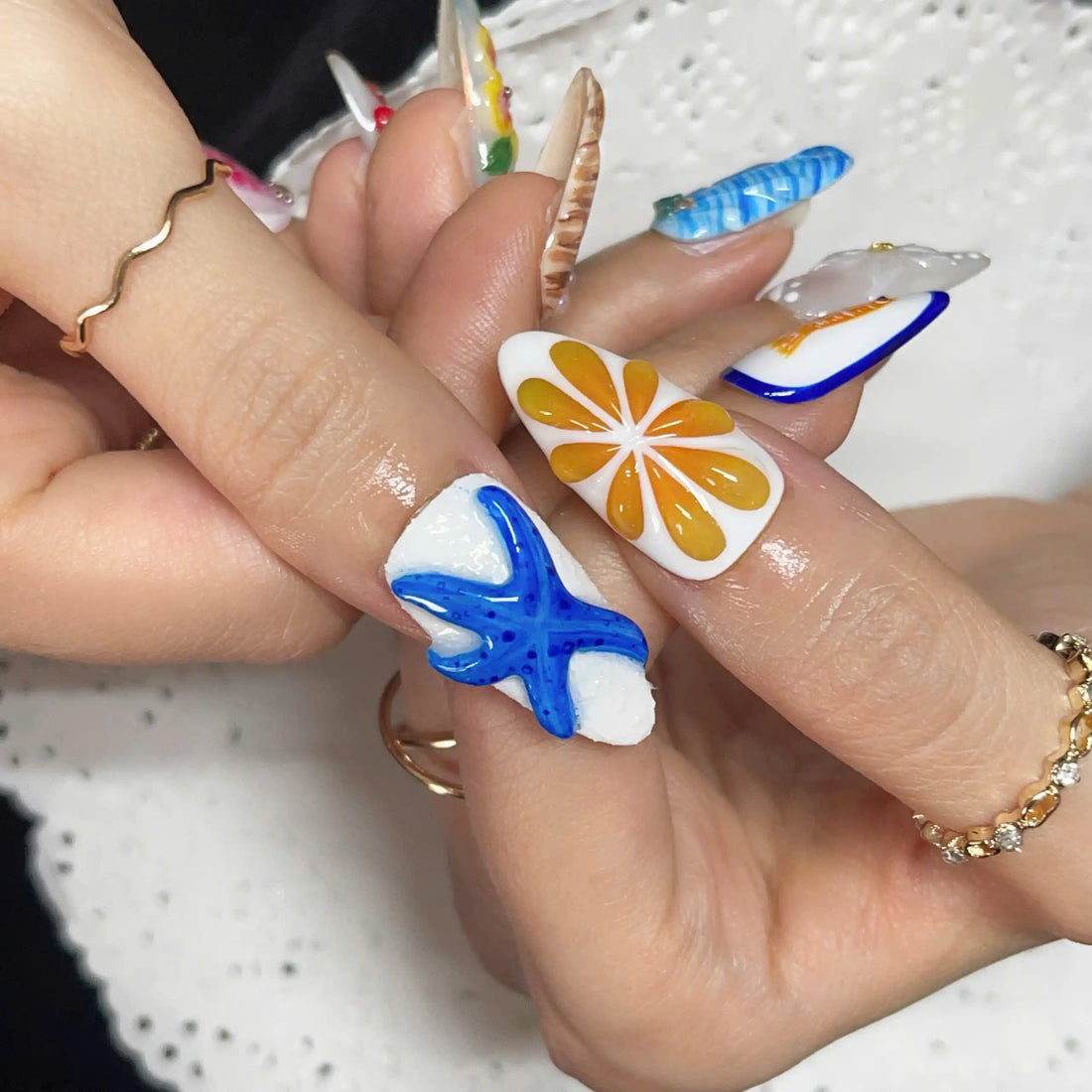 Handmade Summer Fish Fruit Flower Seashell 3D Press on Nails Z20