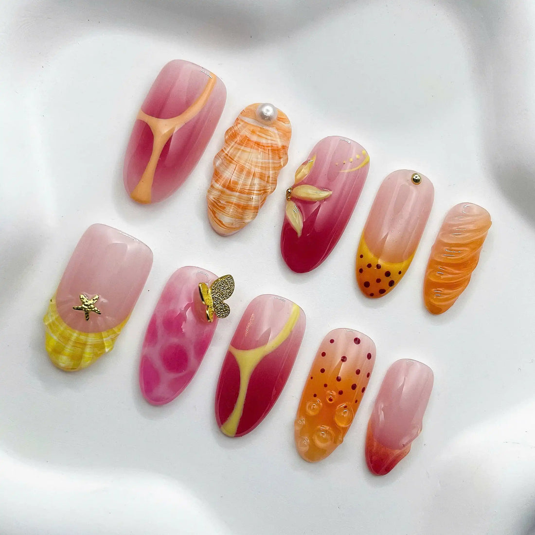 Handmade Summer Tropical Fruit 3D Pink Orange Press on Nails G76
