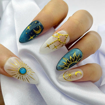 Handmade Sun Moon Star Gold Celestial Cat Eye Blue Press on Nails Y03